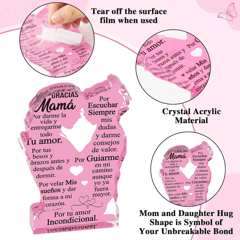 Yopyame Gift for Mom from Daughter - Spanish Mamá Mom Acrylic Mother Daughter Embracing Plaque Sign Best Mother Ever Gifts Regalos Para Mama Office Desk Birthday Mother’s Day Christmas Keepsake Gifts - Image 3
